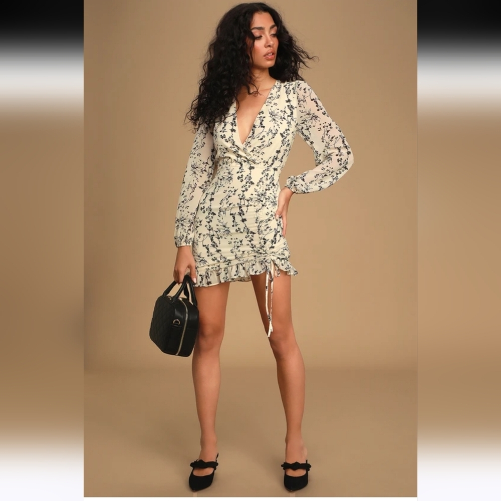 Lulus One True Love Cream Floral Ruched Mini Dress XL8